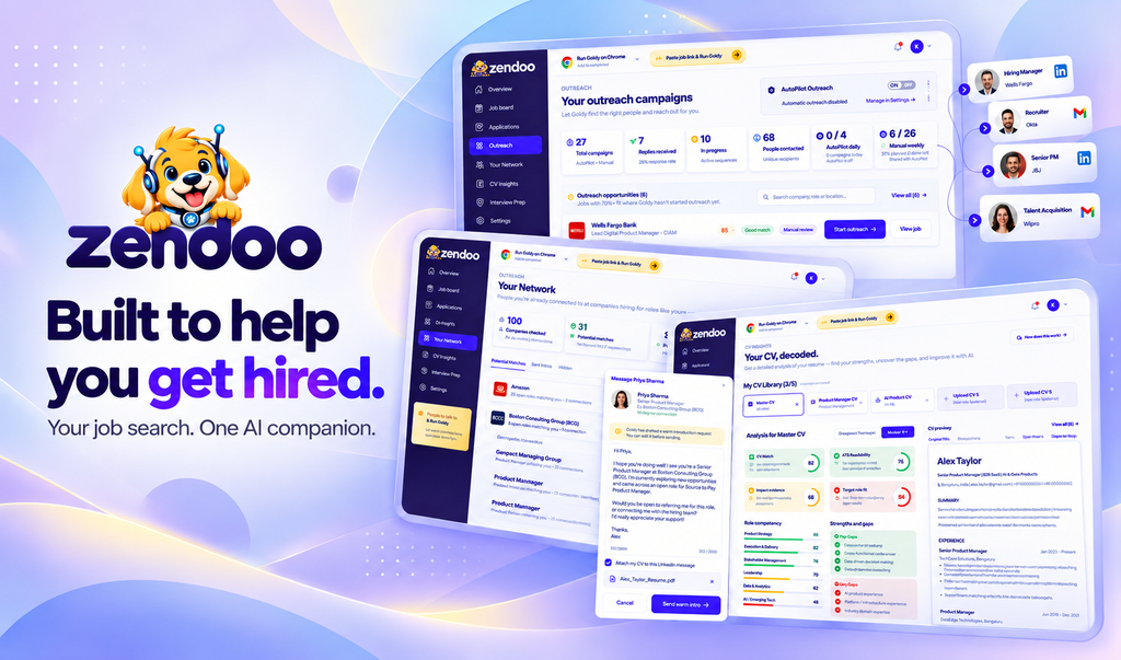 Zendoo product overview showing outreach campaigns, professional connections, and CV Insights.
